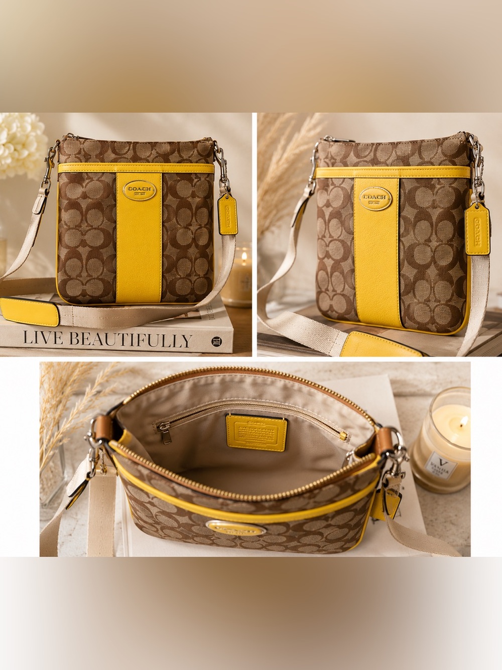 COACH Brown Signature Jacquard Crossbody with Yellow Leather Trim